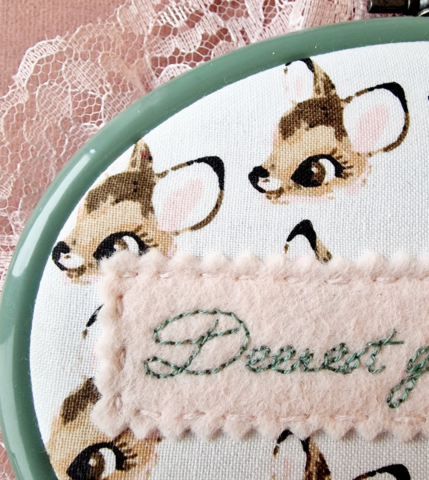 Embroidery hoop with deer fabric and Deerest Gentle Reader text - Sage green with pink lace - Handmade gift - Finn & Pea