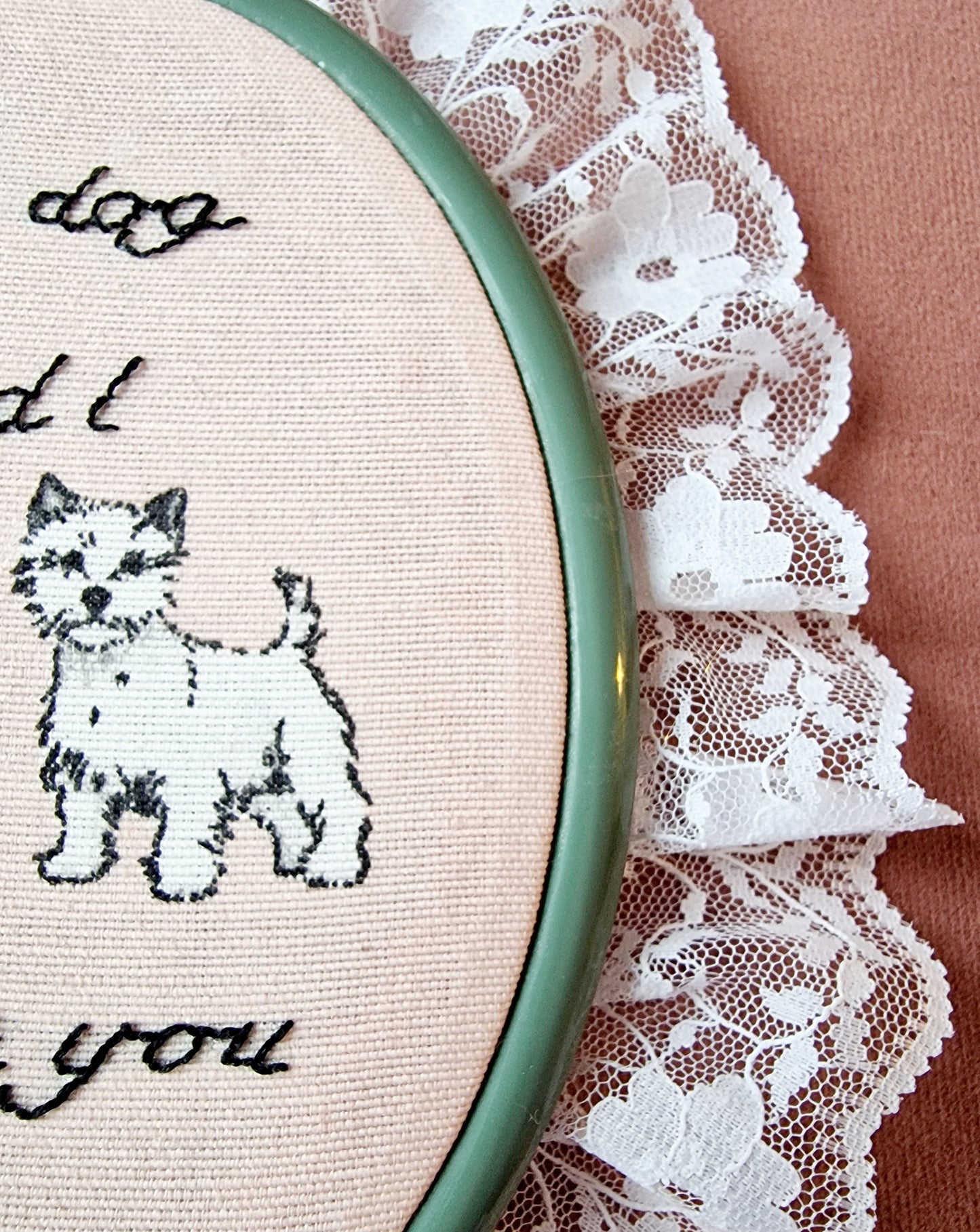 Side view of sage green hoop with lace trim - Dog lover wall art - Finn & Pea