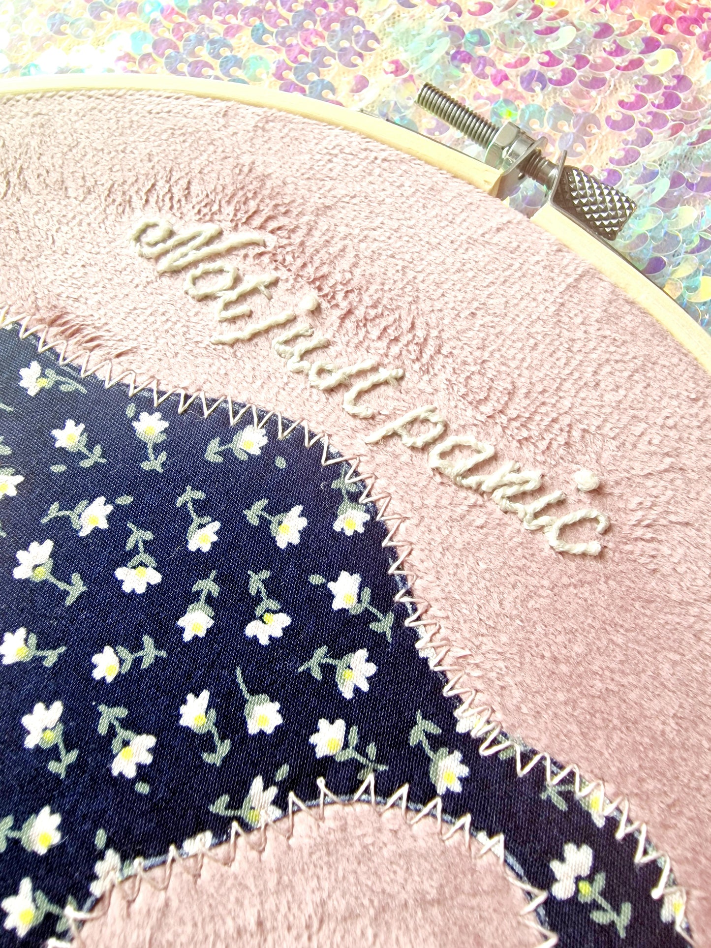Disco ball vinyl ovaries detail - Mixed media embroidery hoop - Handmade by Kerry in Herefordshire