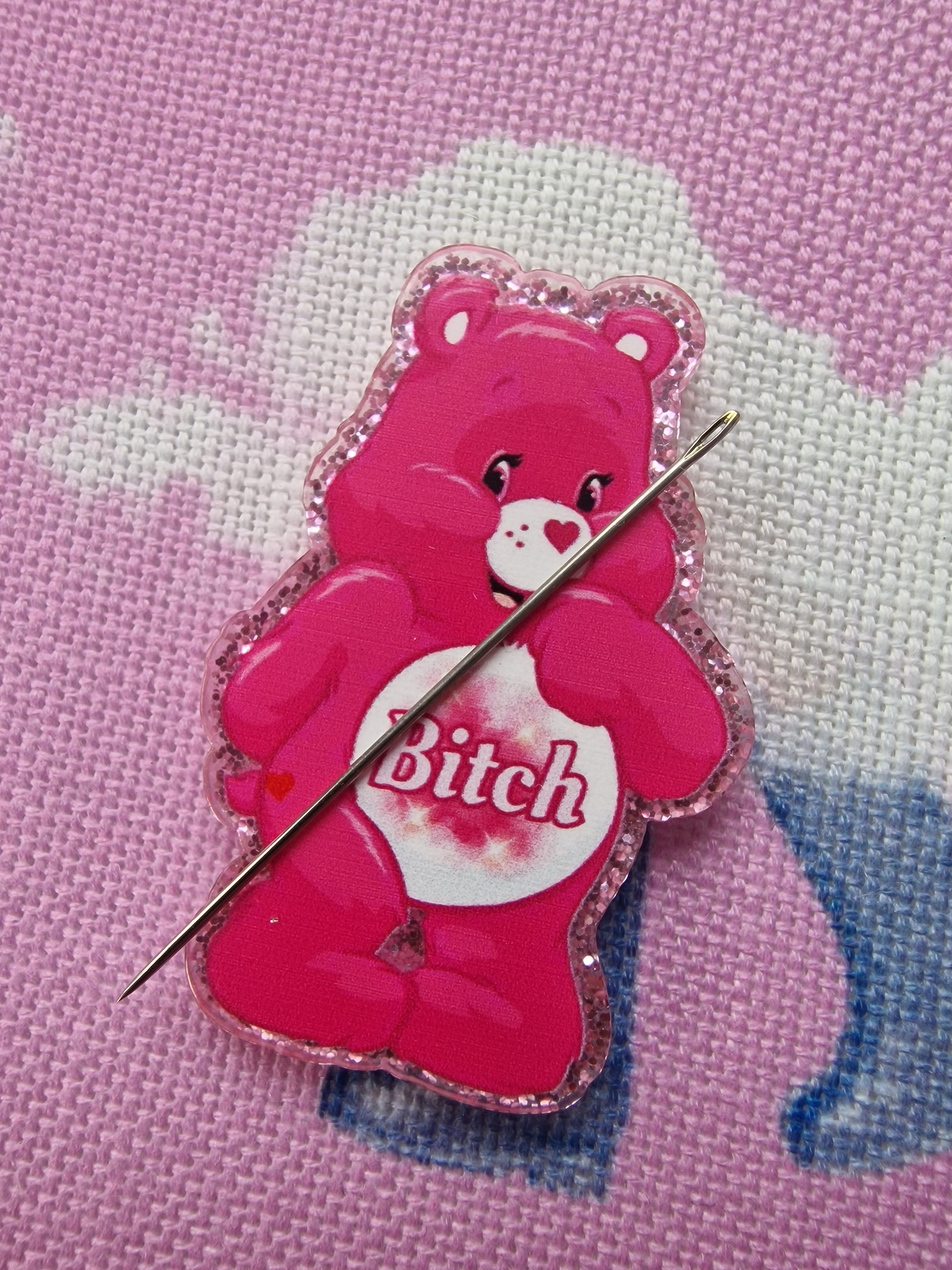 Pink Swear Bear magnetic needle minder for embroidery - Funny crafting accessory - Finn & Pea