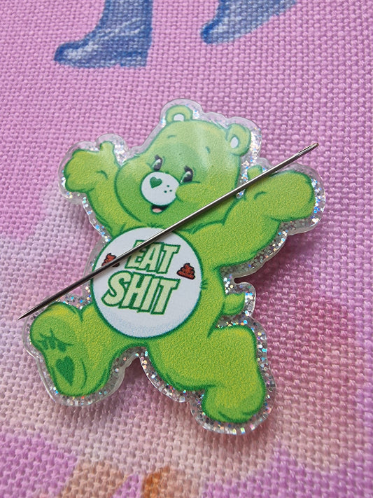 Green Swear Bear magnetic needle minder for embroidery - Funny crafting accessory - Finn & Pea