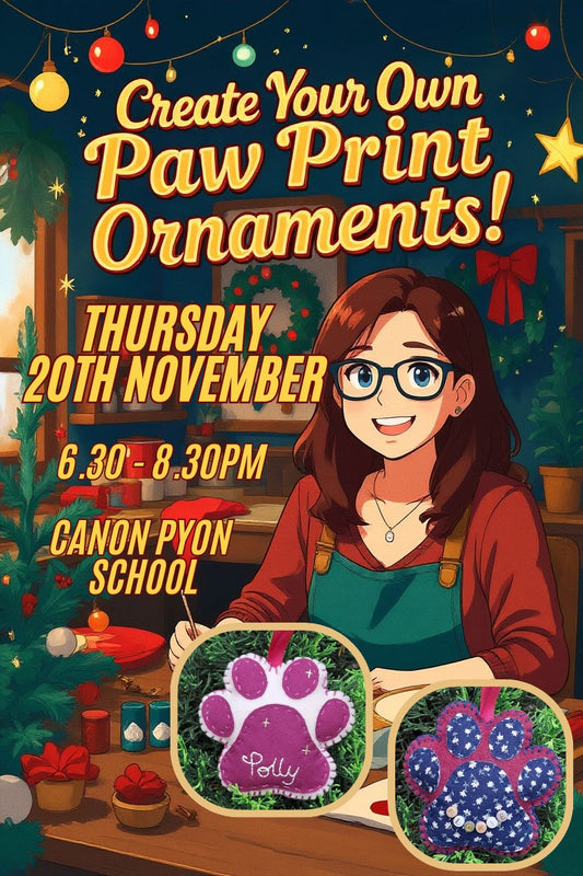Paw print ornament workshop at Canon Pyon School - Hand embroidery class 20th November 2025 - Finn & Pea